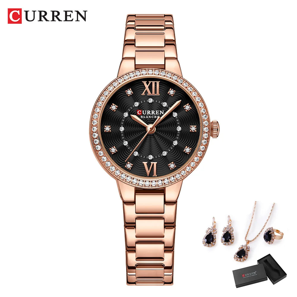 Luxury Women's Rhinestone Watch & Jewelry Set - Stainless Steel Bracelet, 5-Piece Gift Set