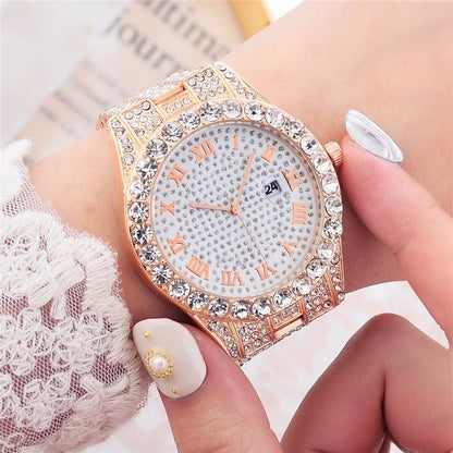 Men Women Watch Luxury Date Quartz Bling Full Rhinestones Watches Cuban Hand Chain Fashion Jewelry