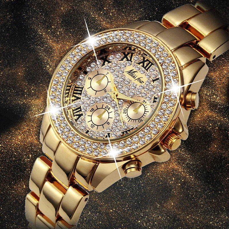 Miss Fox Women’s Luxury Watch - Shockproof, Waterproof, Rhinestone-Embellished Metal Bracelet Timepiece