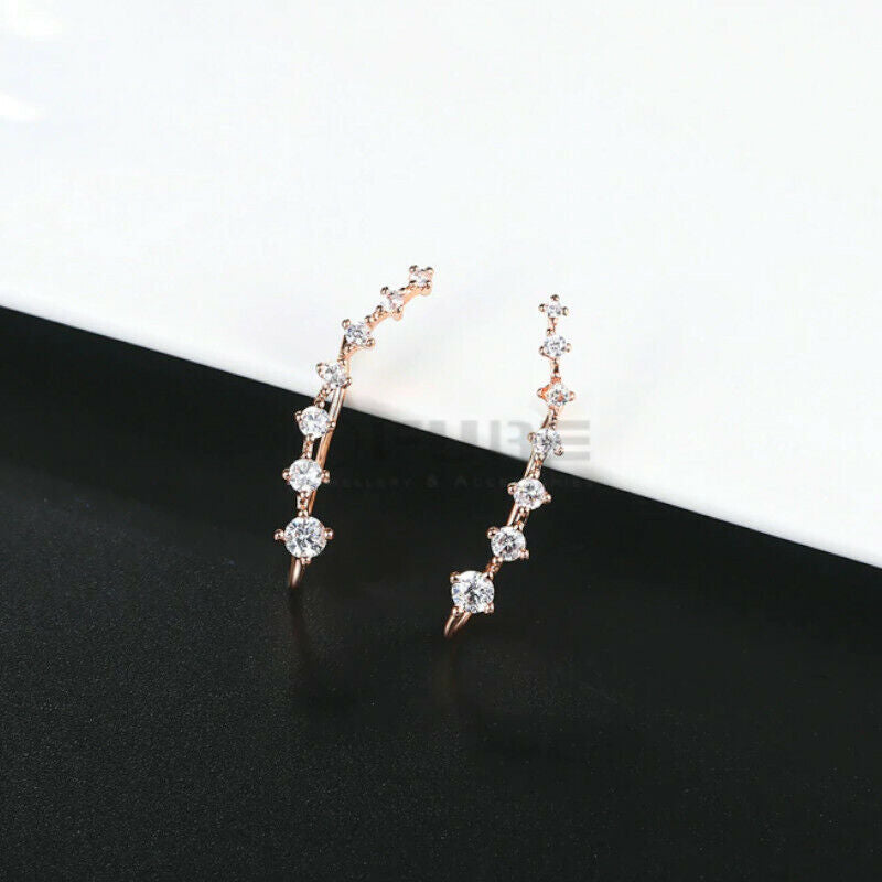 Long Bar Ear Cuff Climber CZ Stud Earrings 925 Sterling Silver 