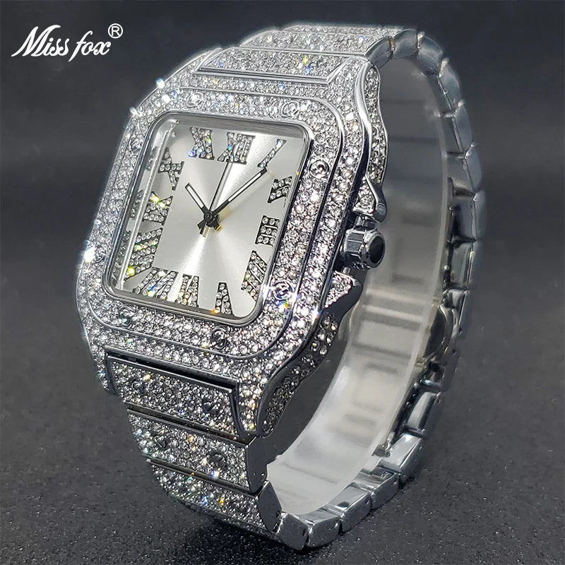 Luxury Miss Fox Square Diamond Watch for Men - Limited Ice Gray Edition Designer Quartz Wristwatch