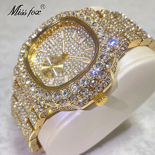 Hip Hop Fashion Iced Out 18K Gold Watch - Luxury Full Diamond Automatic Date Steel Waterproof Timepiece