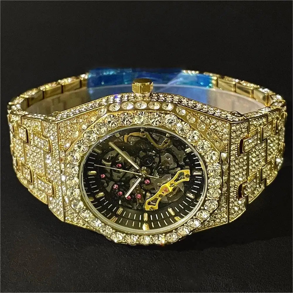 Luxury Automatic Mechanical Watch Men Hip Hop Brand  Steel Full Iced Diamond Jewelry Gold Wristwatch Fashion Man 2023 New