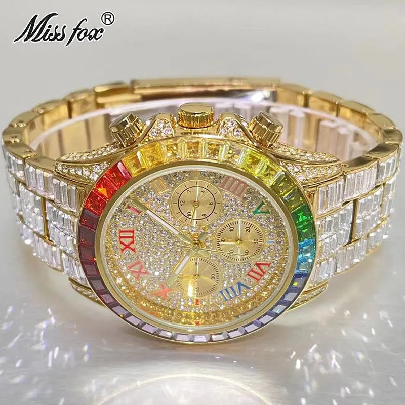 Gold Hip Hop Watch for Men - Iced Out Rainbow Diamond Waterproof Timepiece