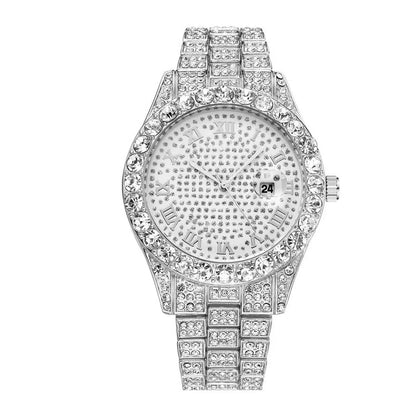 Men Women Watch Luxury Date Quartz Bling Full Rhinestones Watches Cuban Hand Chain Fashion Jewelry