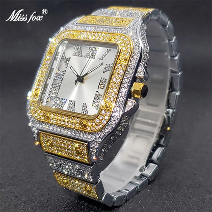 Luxury Miss Fox Square Diamond Watch for Men - Limited Ice Gray Edition Designer Quartz Wristwatch