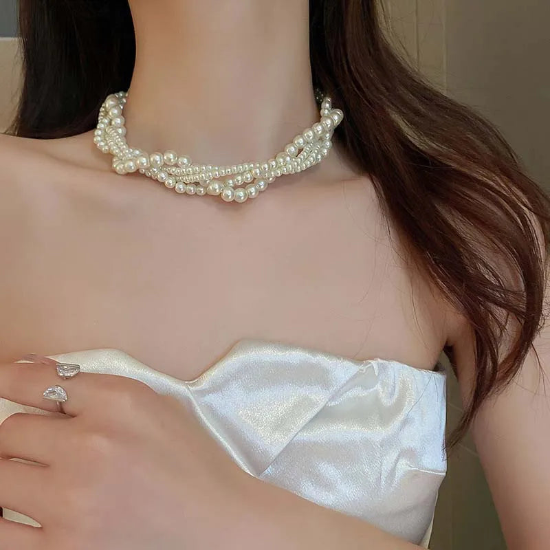 Vintage Multilayer Pearl Choker Necklaces for Women Elegant Imitation Pearl Twisted Neck Chain Necklace Wedding Bride Jewelry