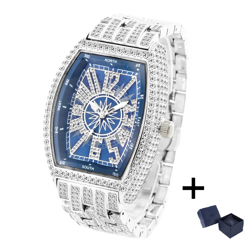 2022  Luxury Mens Watches Fashion Hip Hop Iced Diamond Waterproof Tonneau AAA Quartz Wristwatch Male Reloj Free Shipping