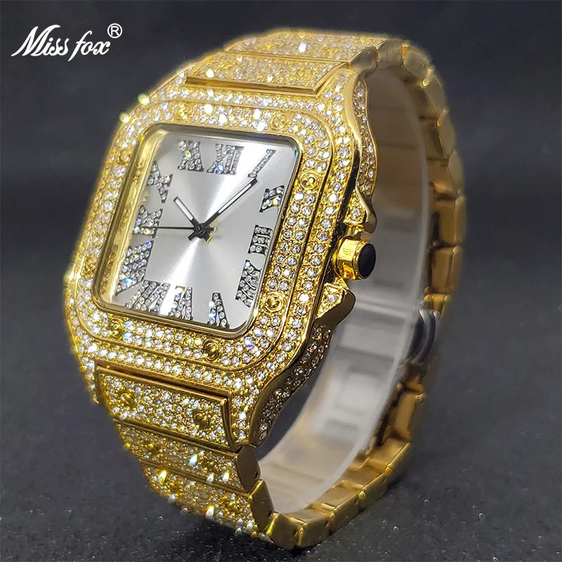 Luxury Miss Fox Square Diamond Watch for Men - Limited Ice Gray Edition Designer Quartz Wristwatch