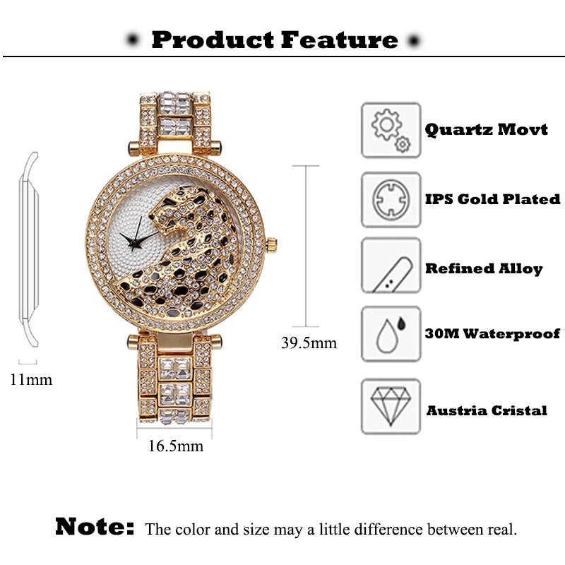 Elegant Women's Quartz Watch - Gold Bling Fashion Ladies Watch with Crystal Diamond Leopard Design