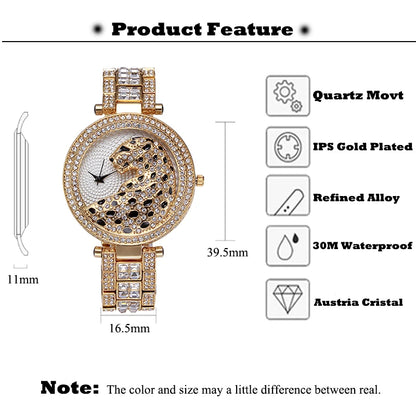 Elegant Women's Quartz Watch - Gold Bling Fashion Ladies Watch with Crystal Diamond Leopard Design