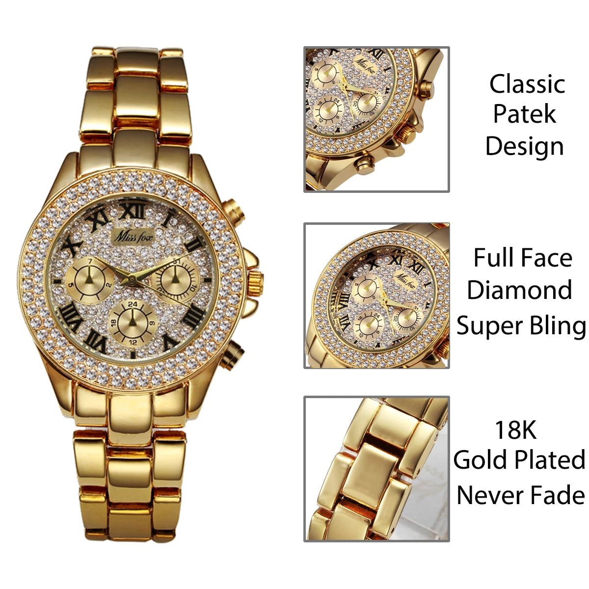 Miss Fox Women’s Luxury Watch - Shockproof, Waterproof, Rhinestone-Embellished Metal Bracelet Timepiece