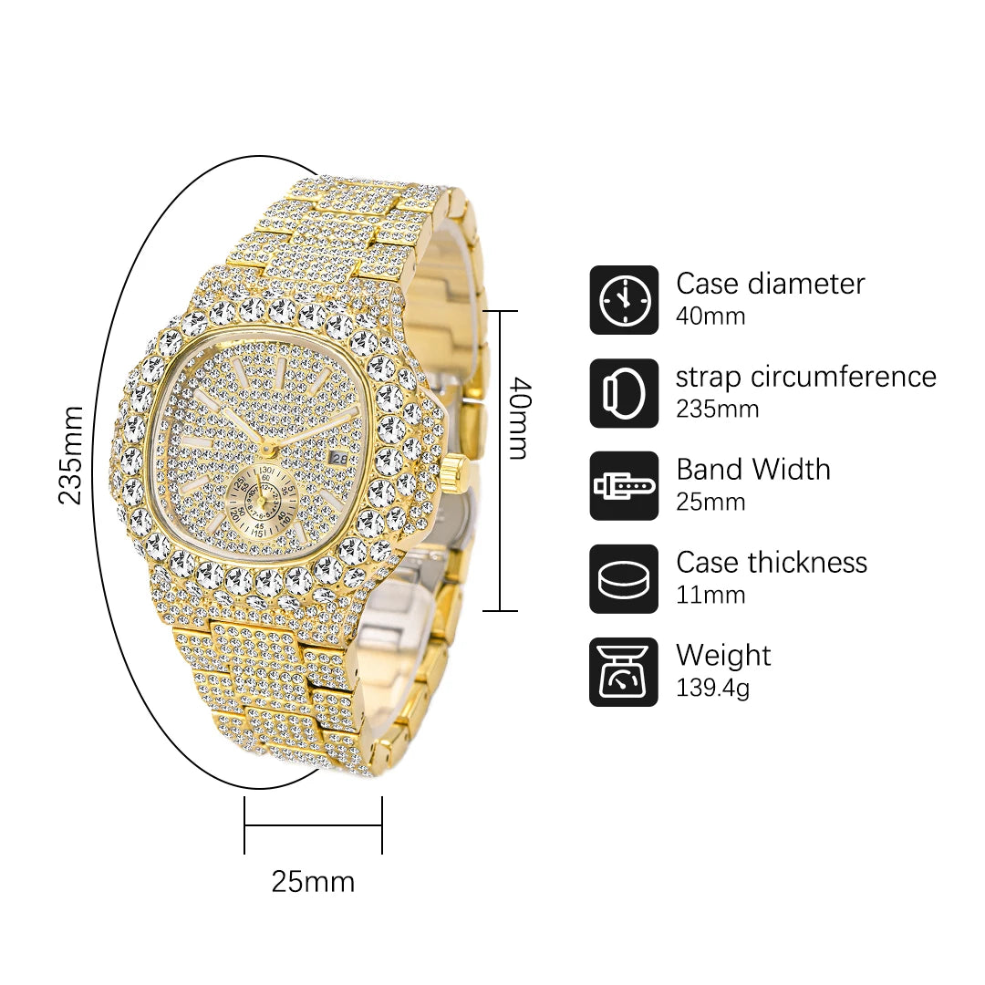 Gold Men's Diamond Iced Out Hip Hop Quartz Watch – Double Dial Heavy Waterproof