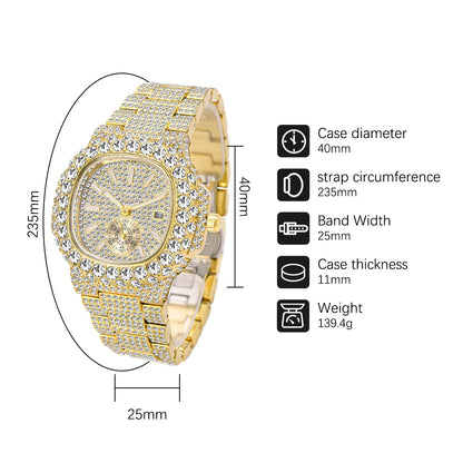 Gold Men's Diamond Iced Out Hip Hop Quartz Watch – Double Dial Heavy Waterproof