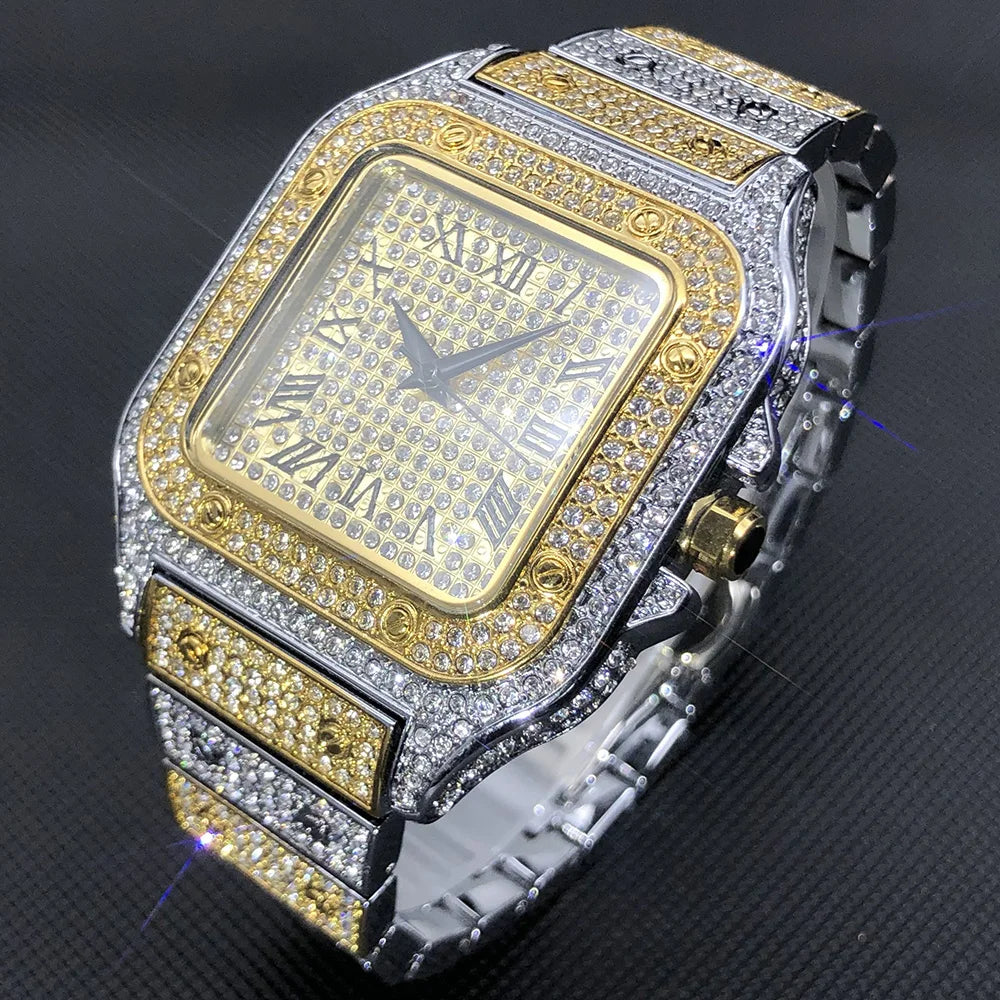 White Gold Men Watches Top Brand Luxury Full Diamond Square Quartz Male Watch Hip Hop Ice Out Waterproof Clock Gift 2021