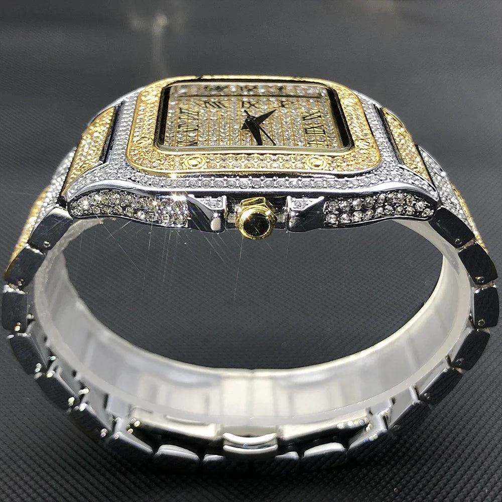 White Gold Men Watches Top Brand Luxury Full Diamond Square Quartz Male Watch Hip Hop Ice Out Waterproof Clock Gift 2021