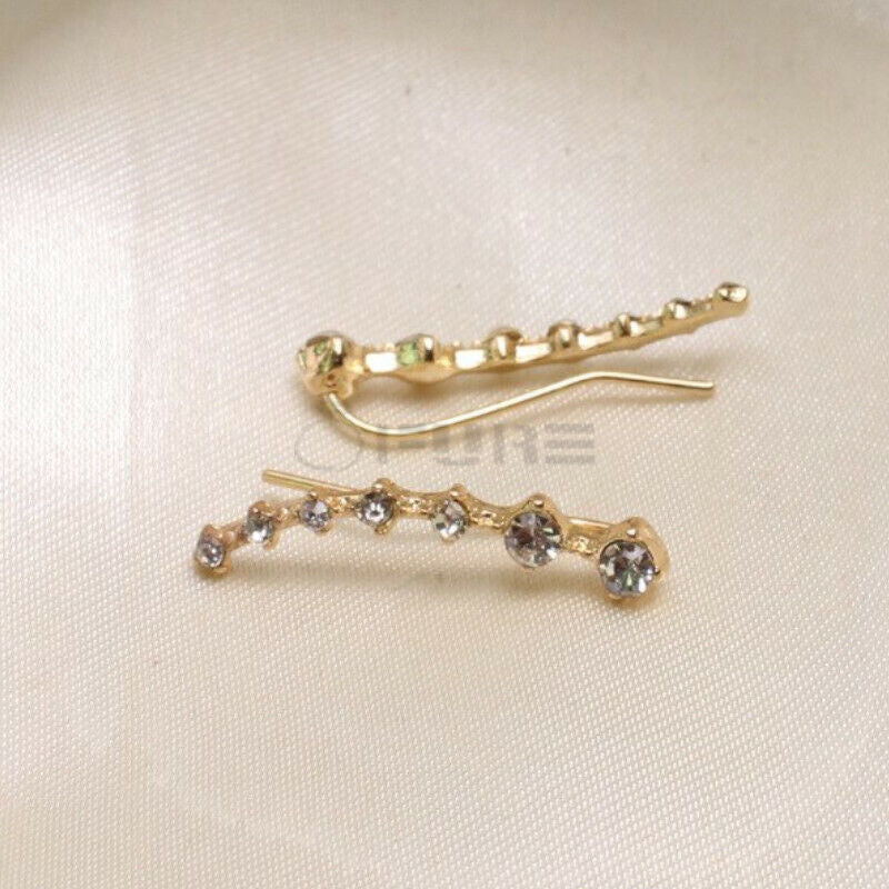 Long Bar Ear Cuff Climber CZ Stud Earrings 925 Sterling Silver 