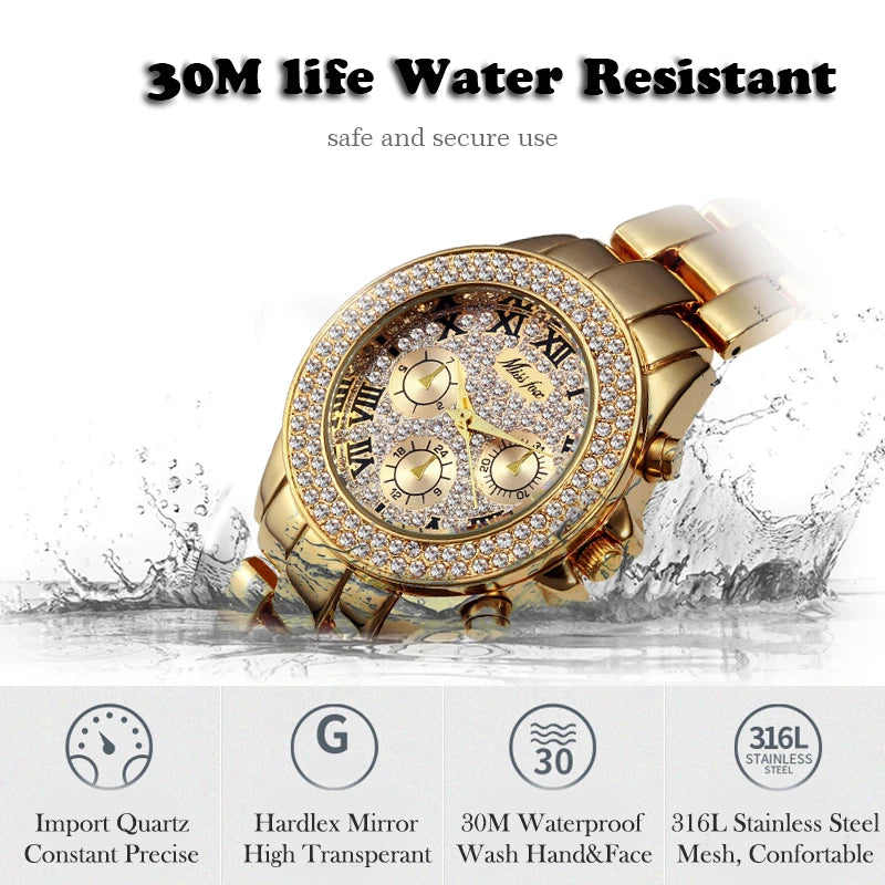 Miss Fox Women’s Luxury Watch - Shockproof, Waterproof, Rhinestone-Embellished Metal Bracelet Timepiece