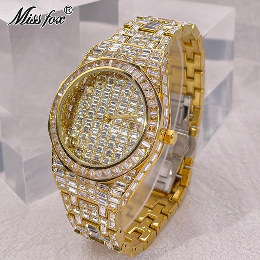 Luxury Iced Out Miss Fox Gold Watch for Men - Full Diamond Hip Hop Automatic Date Waterproof Quartz Timepiece