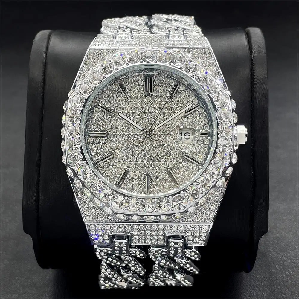 Miss Fox Luxury Men's Hip Hop Iced Out Diamond Watch - Fashion Quartz Timepiece with Cuban Chain