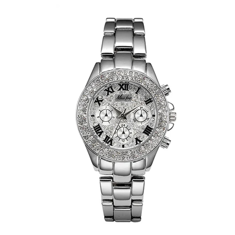 Miss Fox Women’s Luxury Watch - Shockproof, Waterproof, Rhinestone-Embellished Metal Bracelet Timepiece