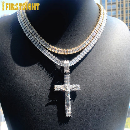 Iced Out Jesus Cross Pendant Necklace - Luxury Bling Tennis Chain with 5A Geometric Zircon