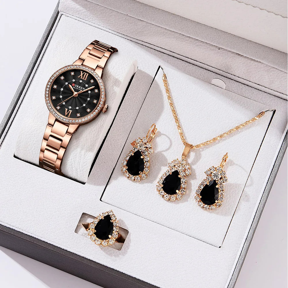 Luxury Women's Rhinestone Watch & Jewelry Set - Stainless Steel Bracelet, 5-Piece Gift Set