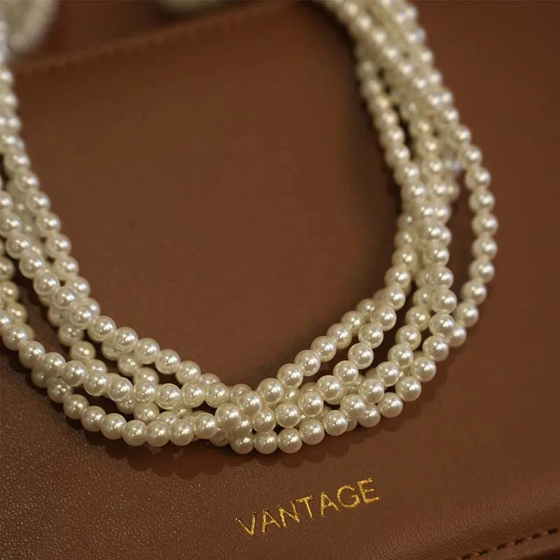 Vintage Multilayer Pearl Choker Necklaces for Women Elegant Imitation Pearl Twisted Neck Chain Necklace Wedding Bride Jewelry