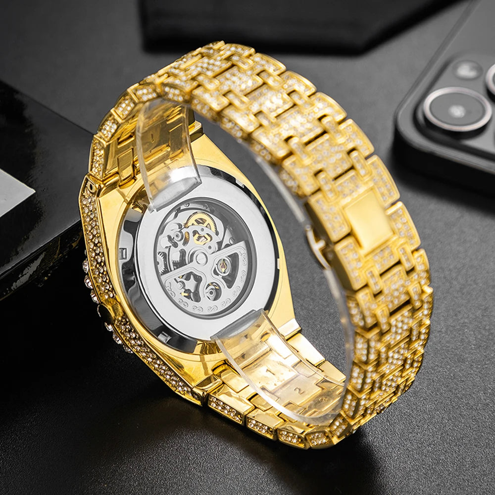 Luxury Automatic Mechanical Watch Men Hip Hop Brand  Steel Full Iced Diamond Jewelry Gold Wristwatch Fashion Man 2023 New