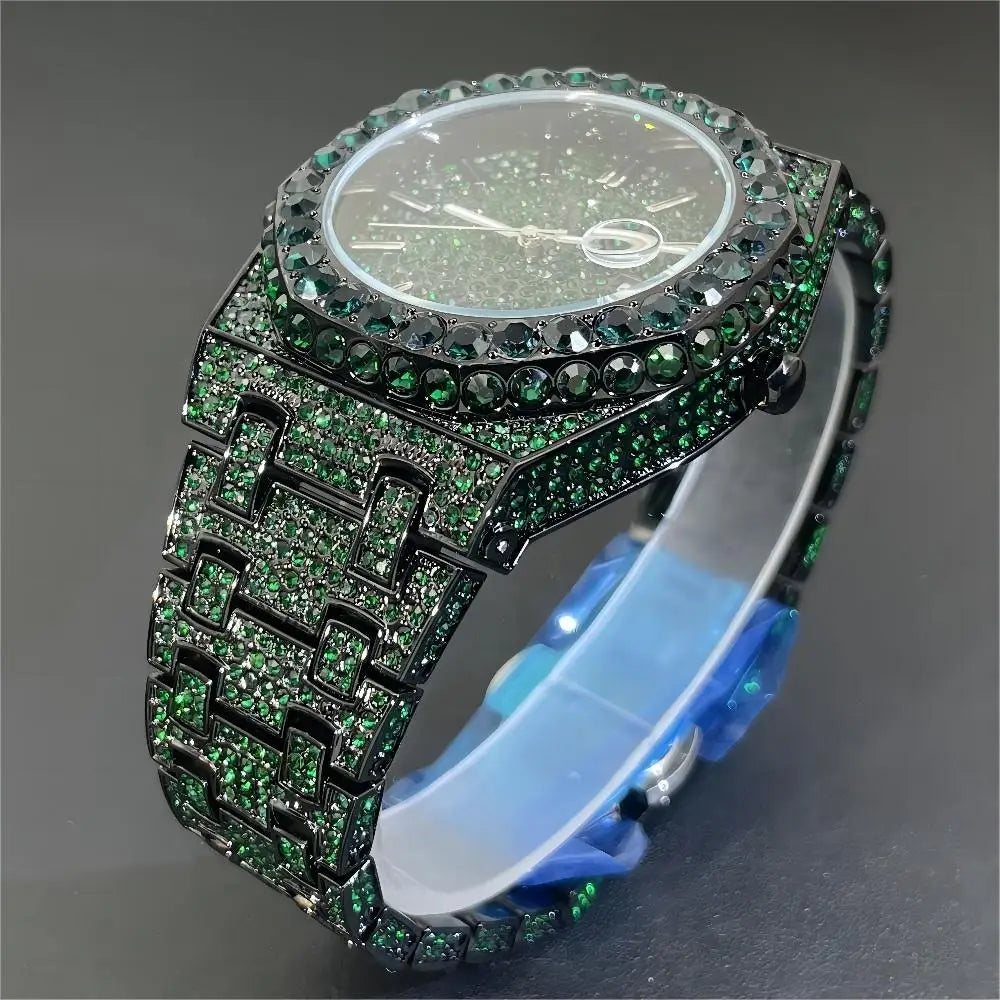 Miss Fox New Hip Hop Men’s Quartz Watch - Luxury Green Full Diamond Automatic Date Timepiece