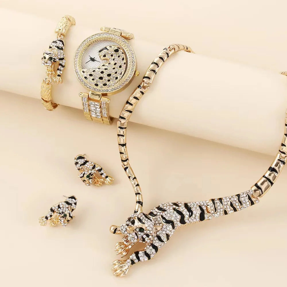 Women Gold Watch Luxury Fashion Bling Ladies Watch Casual Female Quartz Watch Exquisite Animal Crystal Jewelry Set for Women