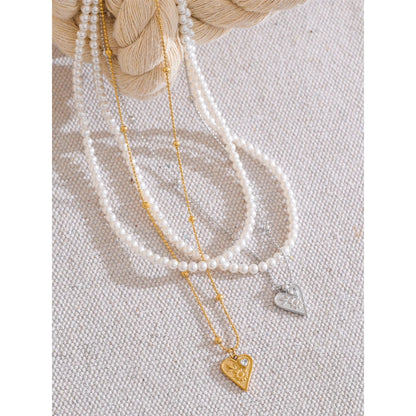 Elegant Simulated Pearls Beads Double-Layer Chain Heart Love Drop Necklace Stainless Steel Handmade Collar Jewelry New