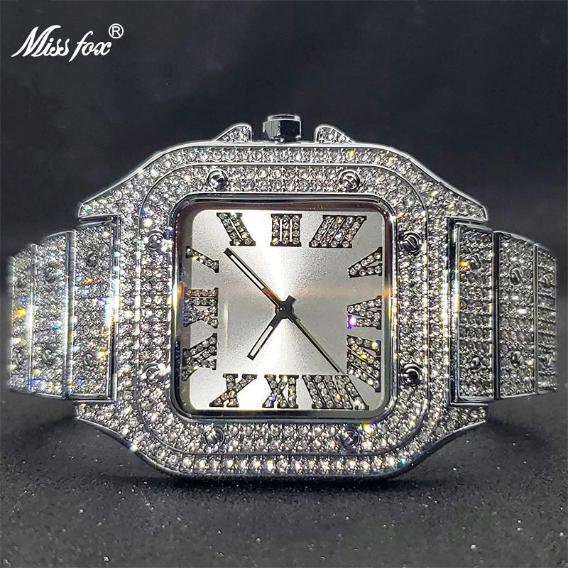 Luxury Miss Fox Square Diamond Watch for Men - Limited Ice Gray Edition Designer Quartz Wristwatch