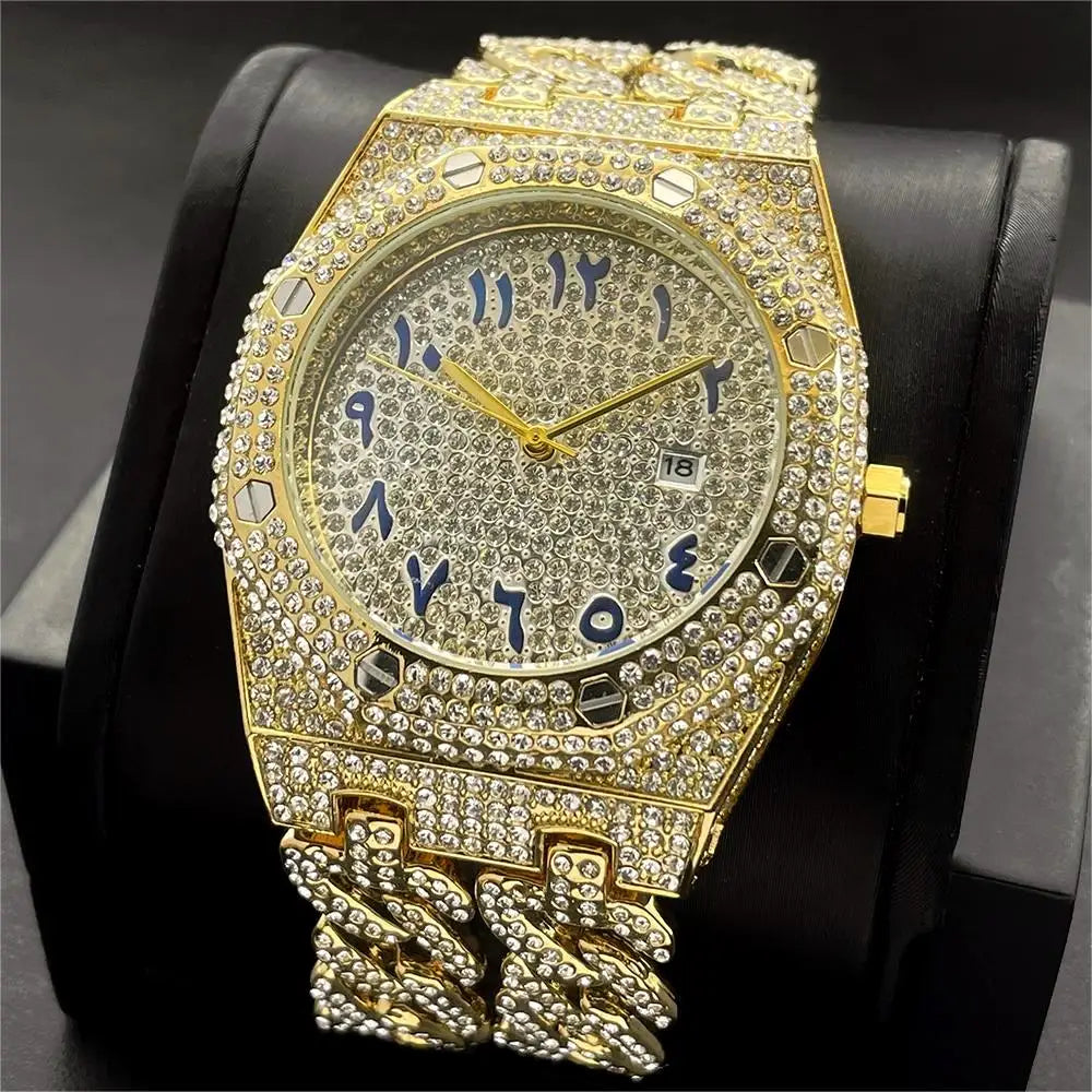 Miss Fox Luxury Men's Hip Hop Iced Out Diamond Watch - Fashion Quartz Timepiece with Cuban Chain