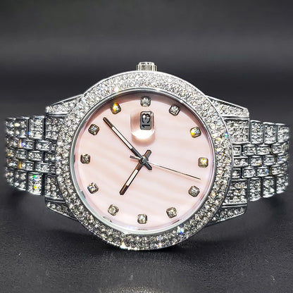 Women Pink Watches Elegant Bling Bling Iced Out Shiny Summer Watch for Ladies Pearl Dial Wristwatches with Calendar New In