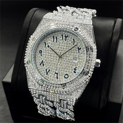 Miss Fox Luxury Men's Hip Hop Iced Out Diamond Watch - Fashion Quartz Timepiece with Cuban Chain