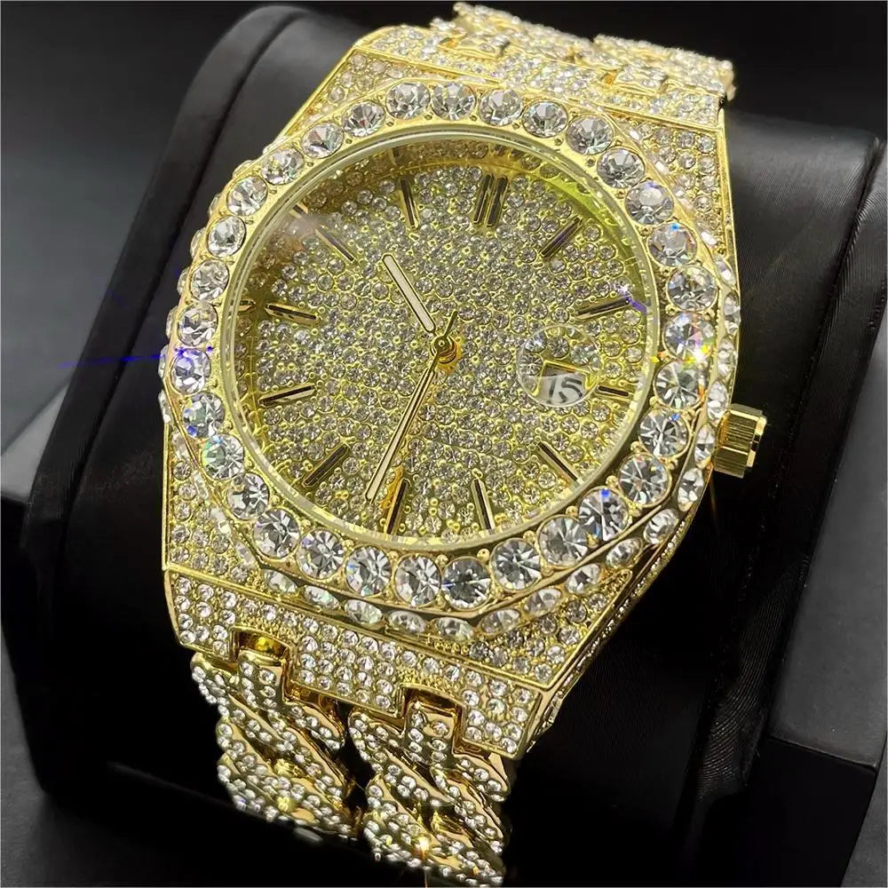 Miss Fox Luxury Men's Hip Hop Iced Out Diamond Watch - Fashion Quartz Timepiece with Cuban Chain