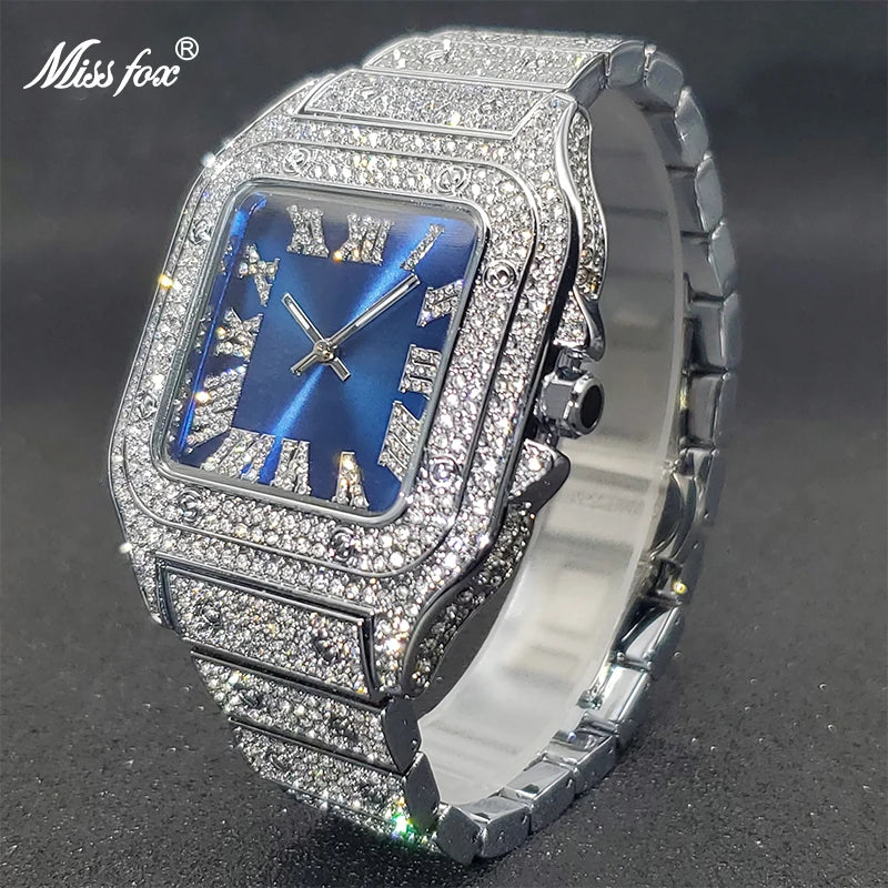 Luxury Miss Fox Square Diamond Watch for Men - Limited Ice Gray Edition Designer Quartz Wristwatch