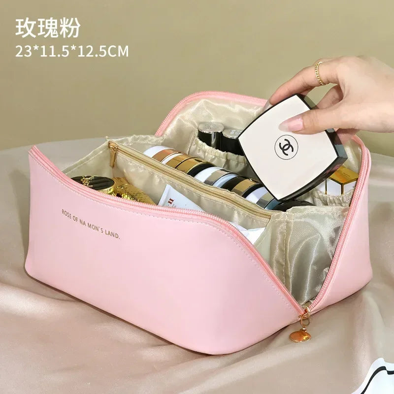 Large Travel Cosmetic Bag for Women: Luxury Leather Makeup Organizer & Toiletry Kit