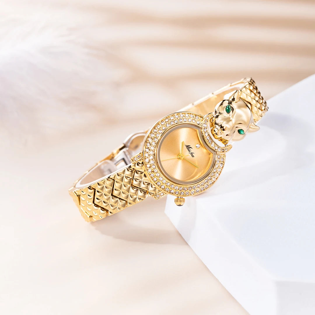 Leopard 3D Bling Diamond Women's Quartz Watch - Fashion Casual Gold Jewelry Timepiece