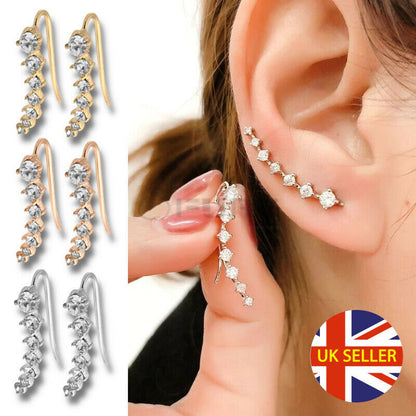 Long Bar Ear Cuff Climber CZ Stud Earrings 925 Sterling Silver 