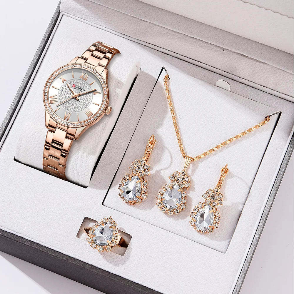 Luxury Women's Rhinestone Watch & Jewelry Set - Stainless Steel Bracelet, 5-Piece Gift Set