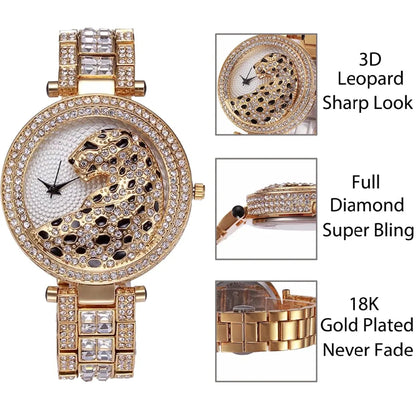 Elegant Women's Quartz Watch - Gold Bling Fashion Ladies Watch with Crystal Diamond Leopard Design