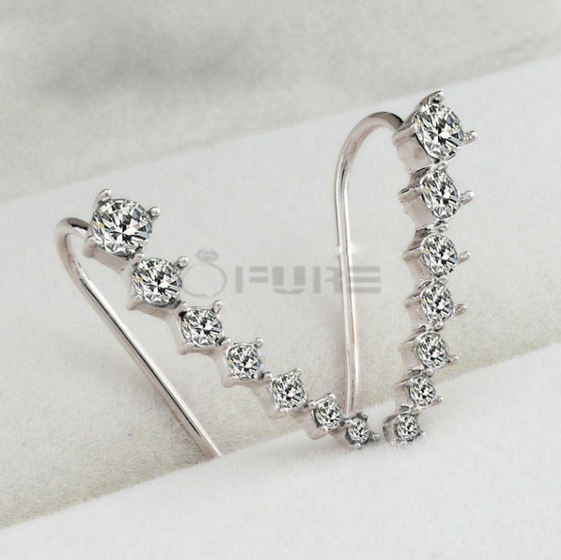 Long Bar Ear Cuff Climber CZ Stud Earrings 925 Sterling Silver 