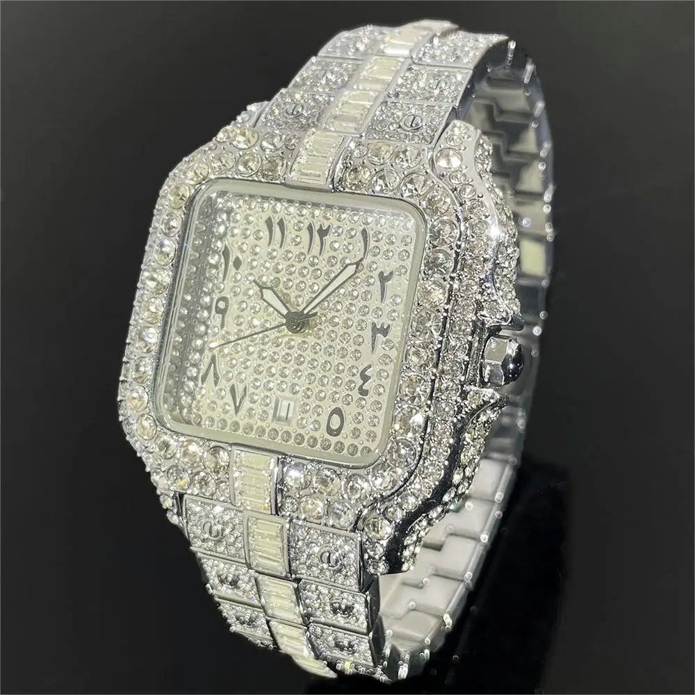 Luxury Quartz Watch for Men Automatic Date Hip Hop Full Iced Diamond Clock Fashion Waterproof Square Wristwatch 2023 New