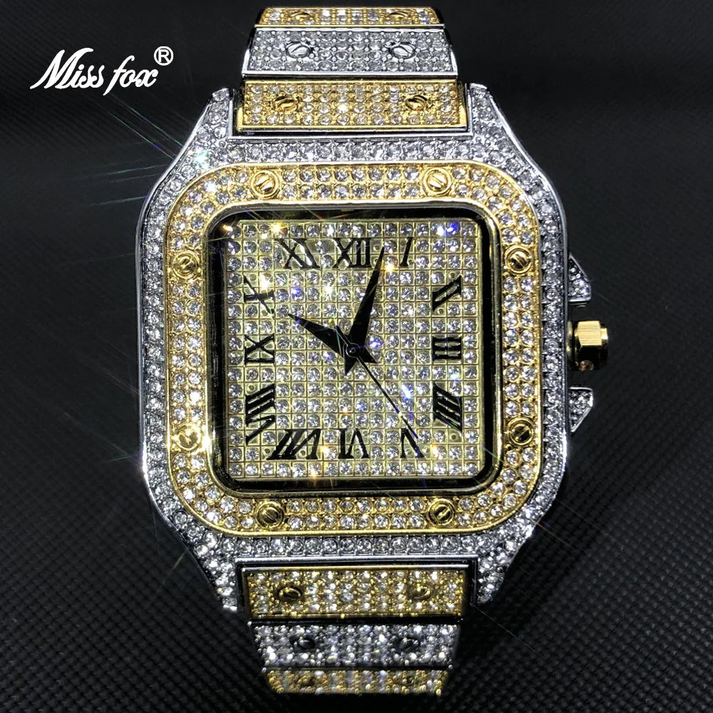 White Gold Men Watches Top Brand Luxury Full Diamond Square Quartz Male Watch Hip Hop Ice Out Waterproof Clock Gift 2021