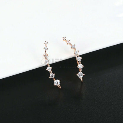 Long Bar Ear Cuff Climber CZ Stud Earrings 925 Sterling Silver 