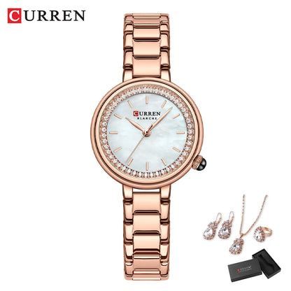 Luxury Women's Rhinestone Watch & Jewelry Set - Stainless Steel Bracelet, 5-Piece Gift Set