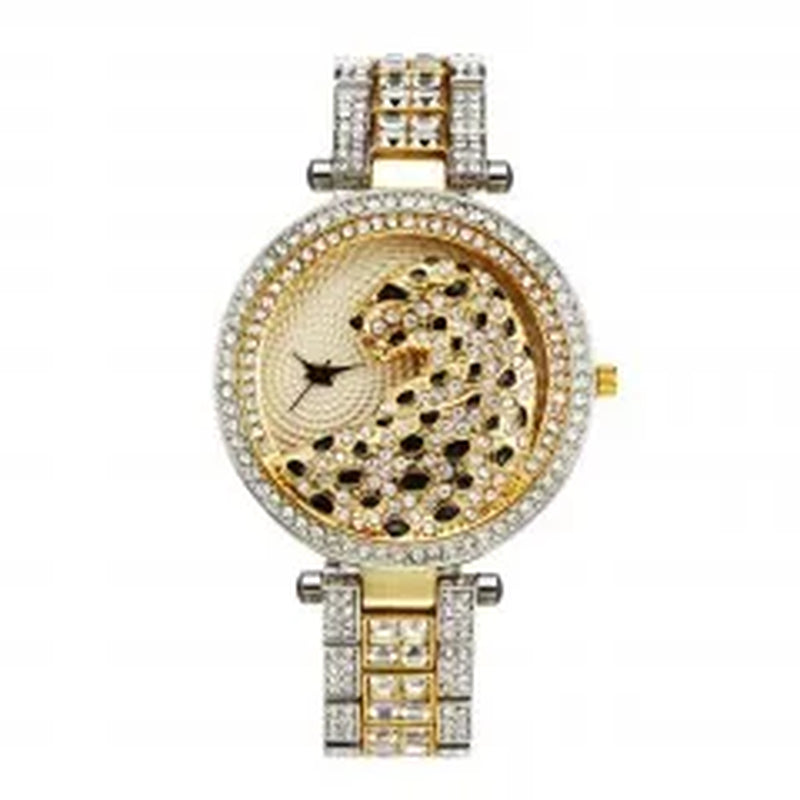 Elegant Women's Quartz Watch - Gold Bling Fashion Ladies Watch with Crystal Diamond Leopard Design