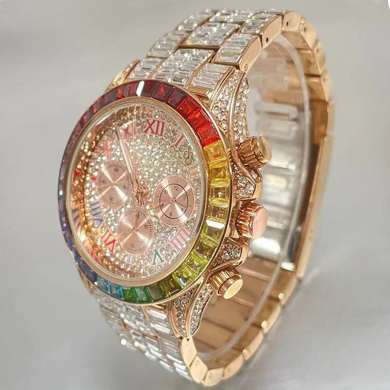 Gold Hip Hop Watch for Men - Iced Out Rainbow Diamond Waterproof Timepiece